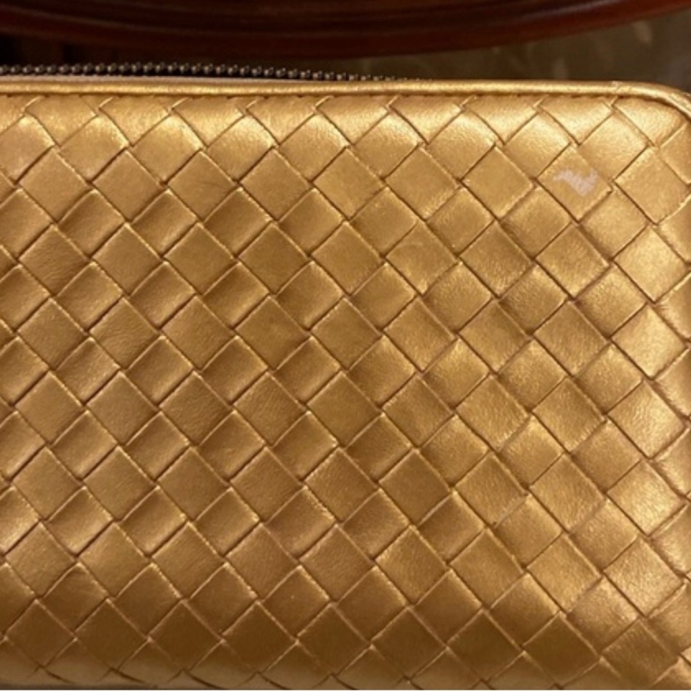 Authentic Bottega Veneta Gold Intrecciato Leather Zip Around Wallet